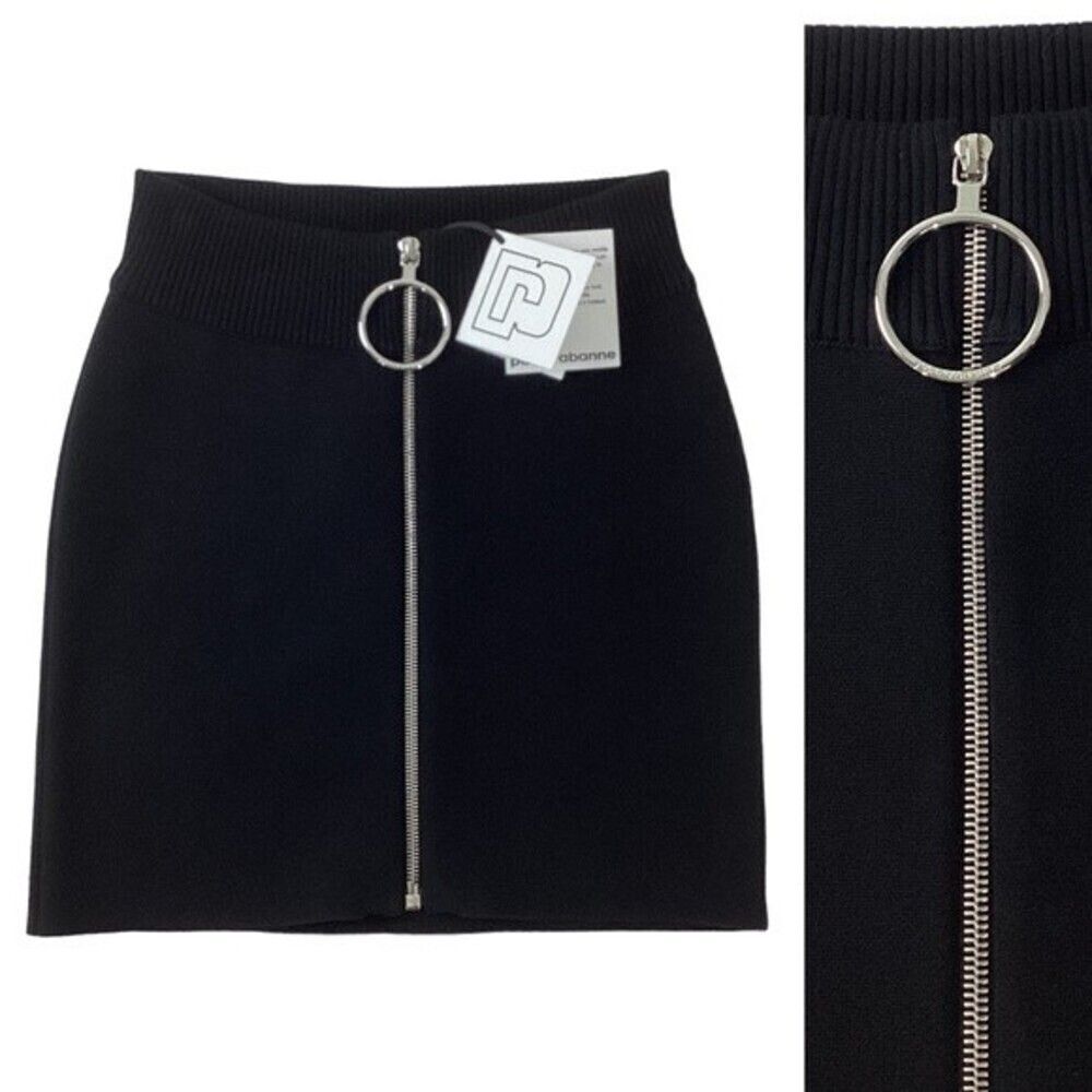 PACO RABANNE Womens XS NWT Knit Mini Skirt Black Cotton Exposed Zipper Ring Pull